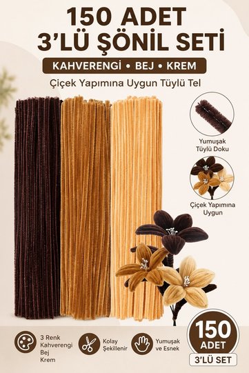 150 Pieces of Chenille Set of 3, Brown, Beige and Cream Color, Fuzzy Wire Suitable for Flower Making