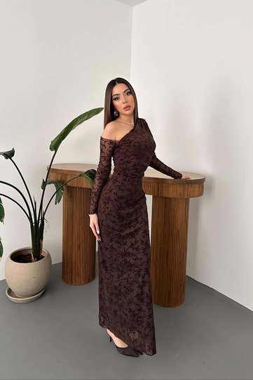 Women's Brown Transparent Floral Patterned One Shoulder Long Sleeve Lined Maxi Dress