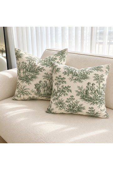 Green Duck Fabric French Peasants Patterned Decorative Throw Pillow Cover - Dowry Set of 2