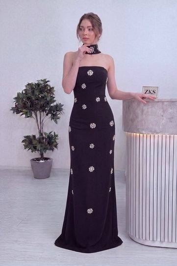 Women's Strapless Stone Detailed Long Evening Dress Woven Yellow, White, Red, Black