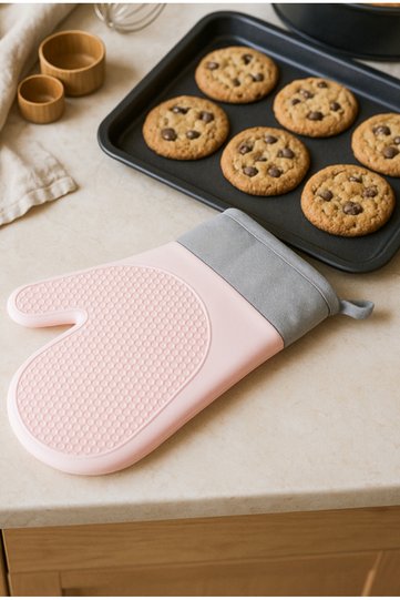 Heat-Resistant Silicone Oven Gloves with Non-Slip Grip & Soft Cotton Lining – Pink
