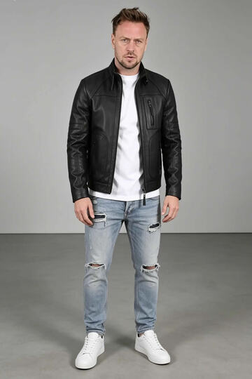 Theroux Genuine Leather Men's Black Relaxed Cut Leather Coat