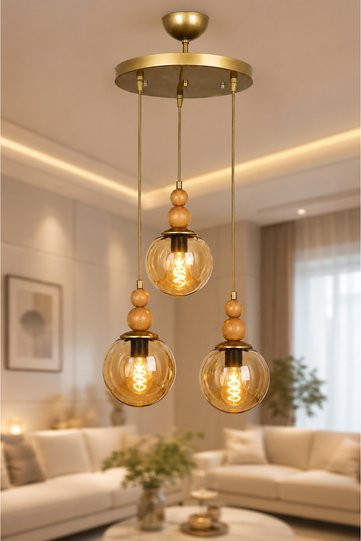 Vi̇ona 3-Piece Pendant Chandelier | |   Antique Body | |   Honey Glop Glass-Covered | |   Natural Wood Detailed Chandelier Modern Chandelier E-27 Retro Bohemian Living Room Chandelier Hall Kitchen Chandelier Decorative Lighting Chandelier Models with Glass