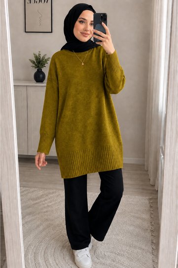Oil Green Crew Neck Oversize Women's Knitwear Sweater Tunic