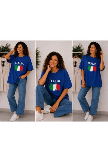 تي شيرت مطبوع عليه ألوان علم إيطاليا ذو تصميم مميز، تي شيرت Saks Blue للجنسين، تي شيرت أساسي فاخر