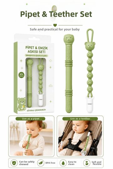 2-Piece Teether Set |   Pipette and Pacifier Strap |   Baby Teether