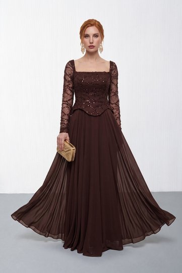 Women's Brown Square Neck Long Sleeve Sequined Long Evening Dress