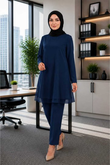 Women's Soft Textured Long Sleeve Tunic/ Undershirt with Chiffon Detail on the Front - Dark Blue