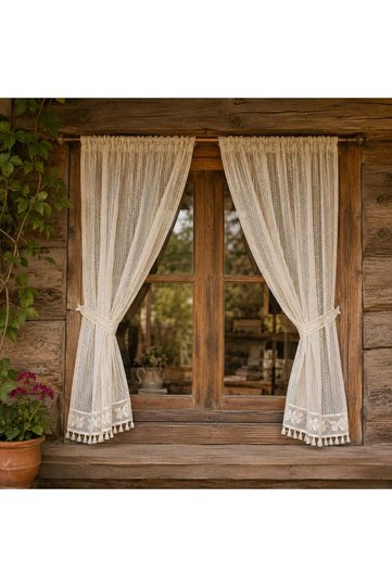 Buldan Craftsmanship Matches the Rustic Style of the Basement's Authentic Tulle Curtain Cornice.