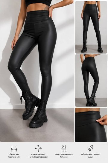 Black Wide Belt Brushed Inside Full Lycra Matte Leather Leggings 26269/1209