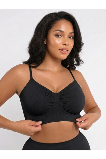 Pisun Model Ip Adjustable Strap Gatherer Padded Knitted Seamless Tightening Bra Corset Black Color