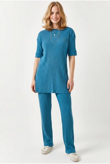 Women's Indigo Ribbed Short Sleeve Top and Bottom Set Tkm-19000498