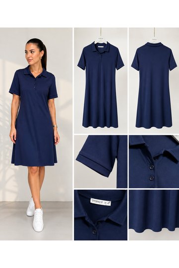 Navy Blue Polo Collar Button Detailed Midi Dress