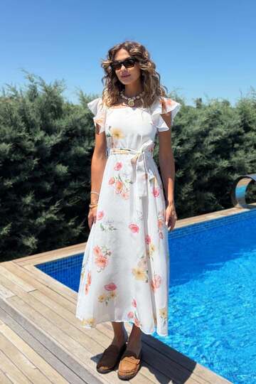 Women's Summer Dress with Flounced Sleeves, White Background, Floral Belt