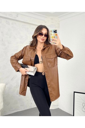 Oversized brown leather shirt for women - everyday wear