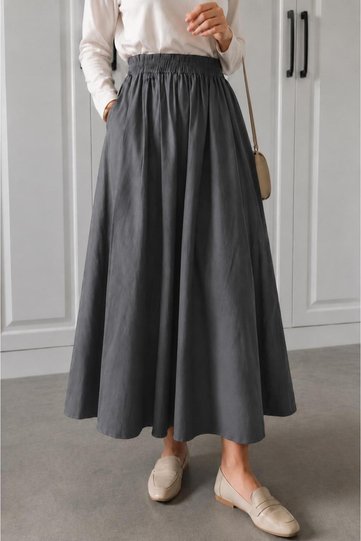 Women's Smoked Elastic Waist Pocketed Scuba Crepe Lycra High Waist Long Flared Skirt