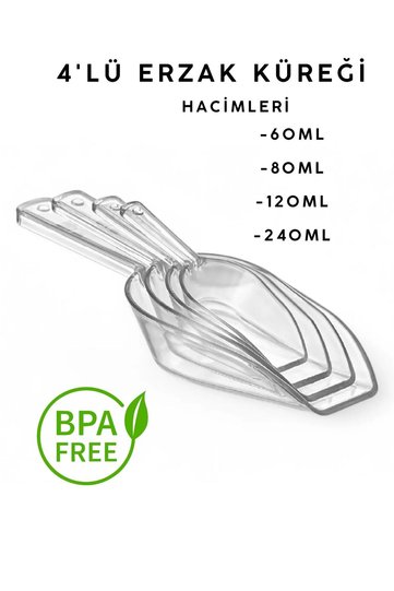 Set of 4 Food Shovels: Crystal, Flour, Sugar, Food, Legumes, Detergent Shovels, Measuring Shovels, Shovels (60ml, 80ml, 120ml, 240ml)