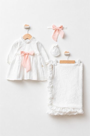 Muslin Lace Detailed Baby Girl Dress Bandana Blanket Set