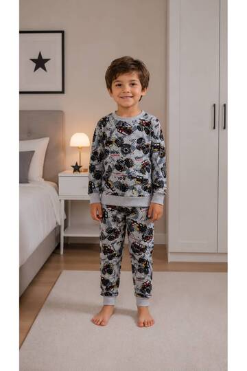 Boy's Cotton Fabric Gray Color Monster Jeep Car Patterned Long Sleeve Transitional Pajamas