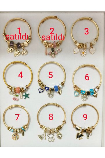 Gold Different Figure Charm Detailed Handcuff Bracelet