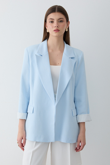 Women's Blue Striped Lined Blazer Jacket with Sleeve Detail