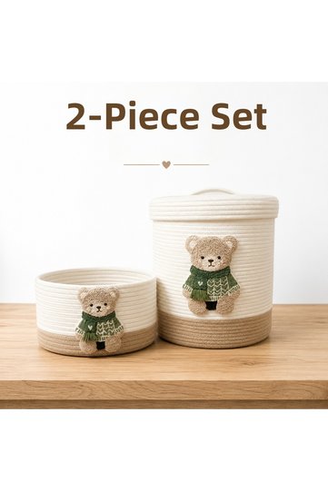 Set of 2 Wicker Baskets with Teddy Bears |   Covered & Open Basket |   Baby Room Organizer