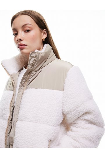 Stand Collar Pocket Detailed Zippered Color Block Plush Coat