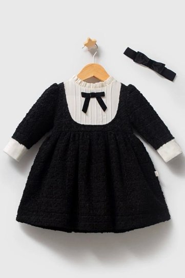 Baby Girl Long Sleeve Chanel Fabric Bandana Ribbon Detailed Premium Dress