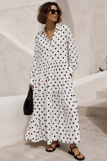 White Long Sleeve Buttoned Patterned Dress Mg2430