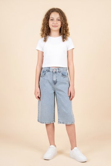 Girl's Stone Patterned Capri Jean Pants 5-15 Years 12672Sk