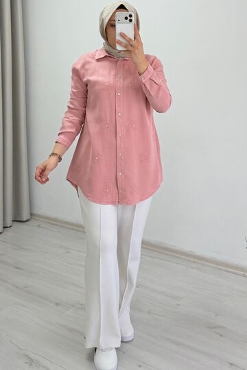 My Magazin Summer Tansel Fabric Daisy Embroidered Snap Button Hijab Shirt