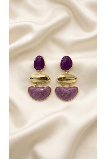 Triple Dangle Earrings in Purple Shades with Gold Color Detail