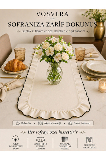Natural Cotton Linen Ruffled Vintage Frilled Table Runner Curved Detail Piped Runner 40 x 110 cm