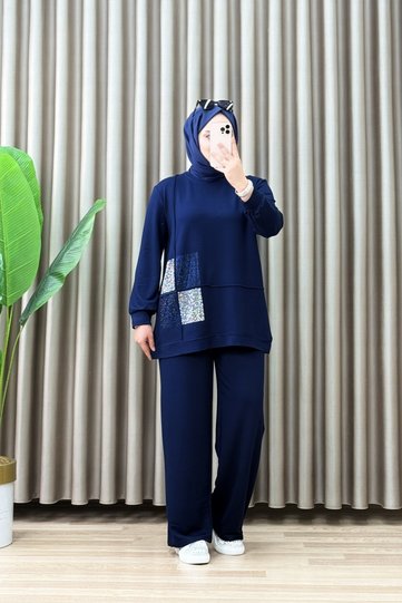 Ecrin Set Crystal Fabric Women's Navy Blue Shiny Patterned Two-Piece Casual Set with Pants