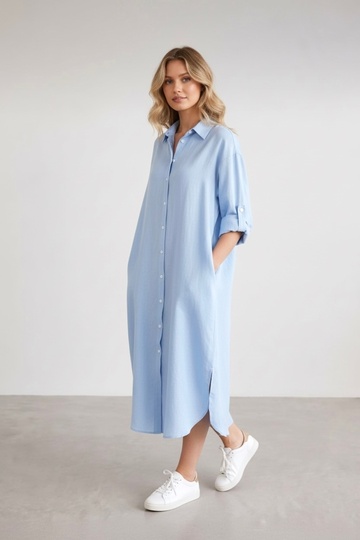 Women's Baby Blue Long Shirt Muslin 100% Cotton Oversize Dress - Without Belt