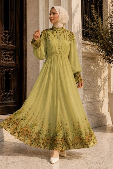 Floral Print Half-Button Chiffon Dress Tsd260258 Green
