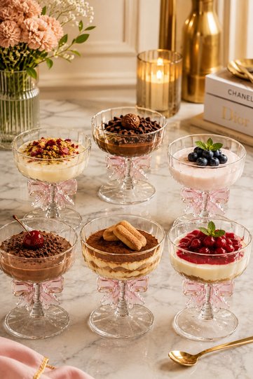 6-Piece Glass Footed Dessert Presentation Plate Bowl with Pink Bow and Magnolia Ribbon 200ml