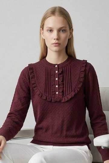Kadın Hakim Collar Ruffle Detail Ribbed Buttoned Knitted Jacquard Combed Cotton Long Sleeve Blouse & Hijab Blouse
