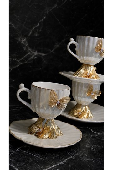 Luxurious Figured Detailed Coffee Cup Set |   Stylish Turkish Coffee Cup with Gold Feet