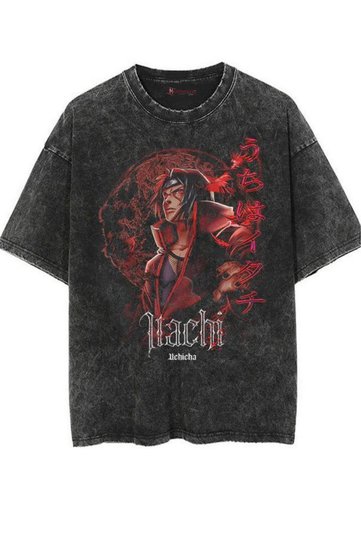 Itachi Uchiha Anime Printed Oversize Black Washed Vintage T-Shirt