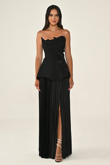 Strapless Chiffon Evening Dress with Floral Accessory, Crepe Top and Pleated Skirt