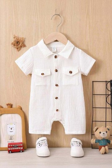 Unisex Baby 100% Cotton Muslin Jumpsuit with Wooden Buttons and Pockets - White