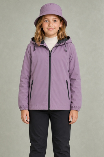 Girl's plum inner lined water and windproof k Hooded double zippered pocket raincoat