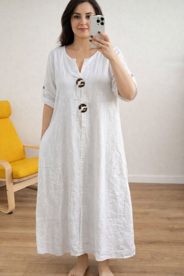 Buttoned Linen Dress Standard Size Fits Size 42/46