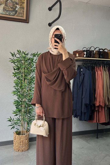 Shawl Detailed Trouser Suit Brown