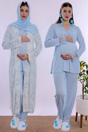 Effortt Maternity Pajama Set with Hijab, Soft Textured Cotton Robe - Blue