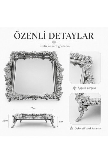 Premium Flower Detailed Square Presentation Tray with Feet 22X22 cm Coffee Turkish Delight Engagement Promise Tray