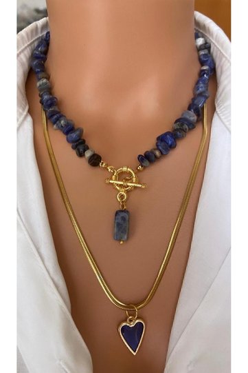 (Two Pendants) Natural Stone Navy Blue Sodalite Stone Non-Tarnish Italian Steel Chain Design Women's Necklace in Gift Box