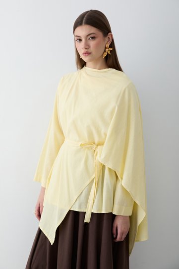 Women's Yellow Linen Belted Tunic with Scarf Detail