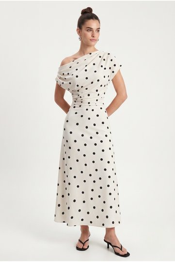 Women's Jeanne Boat Neck Draped Polka Dot White Woven Midi Dress